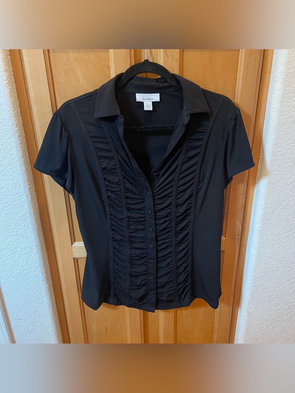 Black Dress Dressbarn Ruched Front Button-Up Blouse Collared Top Size Large